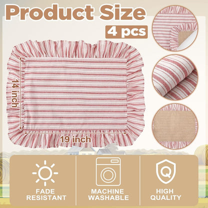 4 Pcs Striped Placemats with Ruffle, Red White Reversible Cotton2