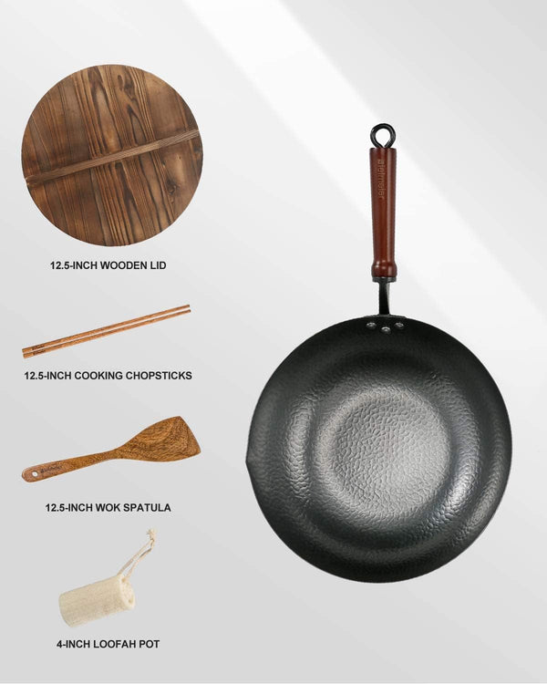 Wok Pan 12.5", Woks and Stir Fry Pans with Lid, Carbon Steel Wok with Cookware Accessories, Flat Bottom Suits for All Stoves6