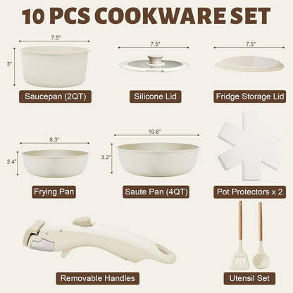 10 Pcs Pots and Pan Set Non Stick with Detachable Handle, White | Non Stick, Detachable, Stackable, Dishwasher ＆ Oven Safe7