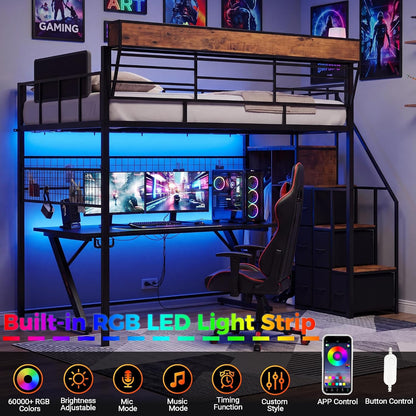 Full Loft Bed with Stairs, Storage, Headboard and LED Light (Black)7
