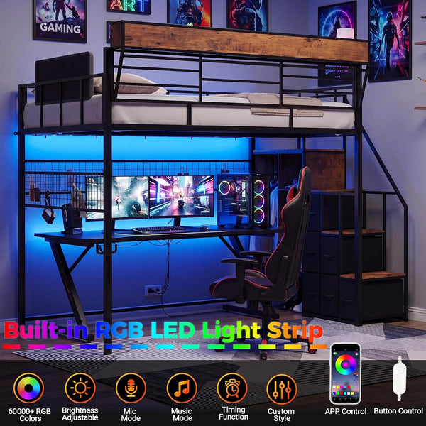 Full Loft Bed with Stairs, Storage, Headboard and LED Light (Black)7