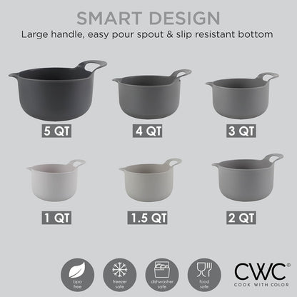 Nesting Plastic Mixing Bowl Set with Pour Spouts and Handles, Gray, 6 Piece Non-Slip7