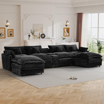 145" Cloud Couch Oversized U Shaped Jet Black Sectional Couches for Living Room, Big Fluffy Comfy Soft Corduroy Couch Sectionals, Modular Sectional Sofa with Ottoman & Central Console8