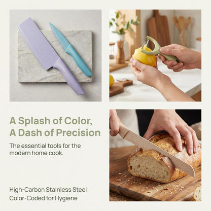 6 Pcs Colorful Knife Set,Non-Stick Coating,Gift Box | High Carbon Stainless Steel Kitchen Knife Set with Ergonomic Handle,Dorm Knife for Dorm,Cooking,Camping,Travel4