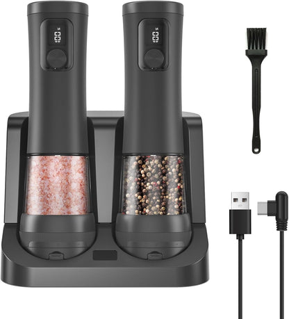 Electric Salt and Pepper Grinder Set,2 Pack Rechargeable Automatic(Black)1