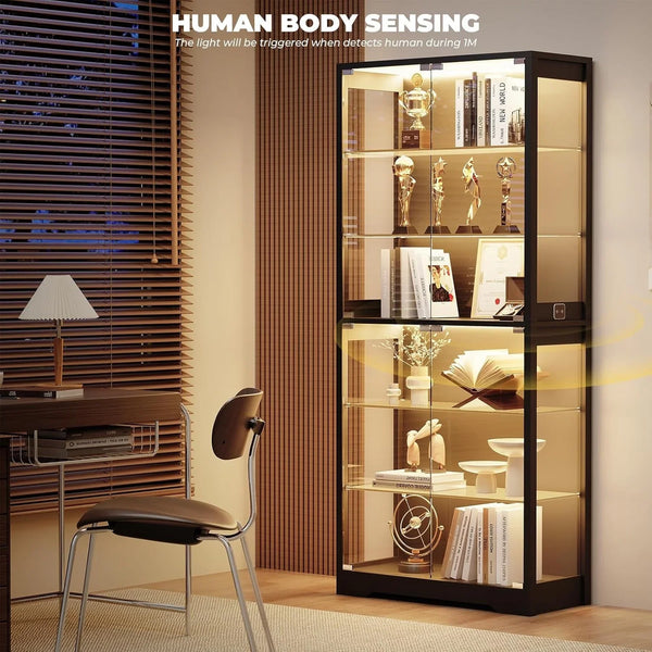 71" Tall Display Cabinet with Glass Door and 3-Color Lights, Black | 6-Tier Curio Cabinet for Collectibles, Display Case with Adjustable Glass Shelves, Human Body Sensor, Storage Cabinets5