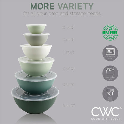 Mixing Bowls with Lids - 12 Piece Plastic Nesting Bowls Set Includes 6 Prep Bowls and 6 Lids, Microwave Safe Mixing Bowl Set, Sage4
