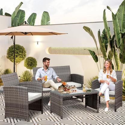 Patio Furniture Set 4 Piece Outdoor Furniture Set, PE Rattan Wicker Patio Conversation Set with Cushions & Glass Coffee Table, Backyard Patio Seating for Balcony Porch Garden Poolside, White7