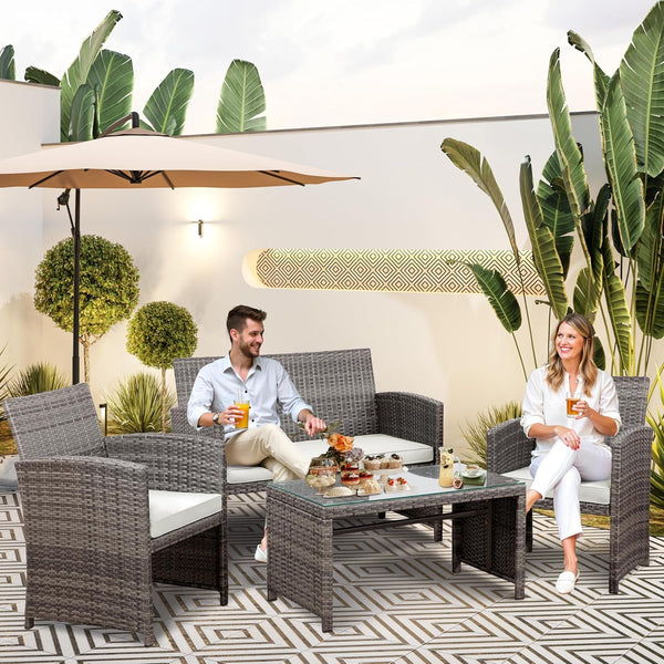 Patio Furniture Set 4 Piece Outdoor Furniture Set, PE Rattan Wicker Patio Conversation Set with Cushions & Glass Coffee Table, Backyard Patio Seating for Balcony Porch Garden Poolside, White7