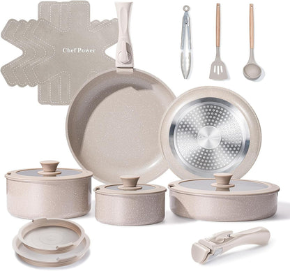 Ceramic Nonstick Pots and Pans Set 19 Piece with Detachable Handle, Induction Dishwasher Oven Safe Cookware Set, RV Kitchen Set Removable Handle, Mocca Taupe1