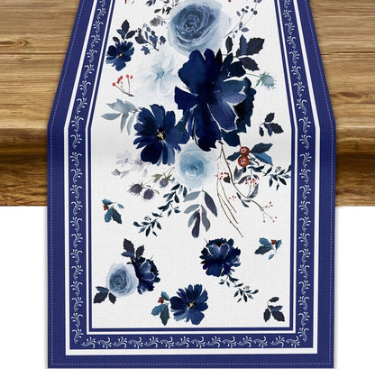 Navy Blue Flowers Linen Table Runner,Spring Floral Seasonal Dinner Table Decoration for Home Living Room Kitchen Dining Room 13X36In1