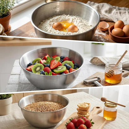 Stainless Steel Mixing Bowls Set of 3，Nesting Metal Prep Bowls with Interior Measurement Marks for Baking, Cooking & Food Storage - Space Saving, Rust-Proof & Dishwasher Safe3