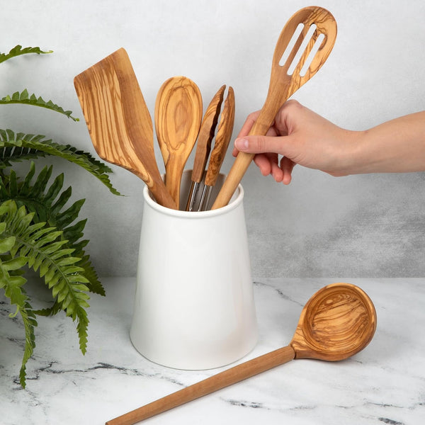5-Piece Olive Wood Kitchen Utensil Set with Turner, Tongs, Slotted Spoon, Ladle and 12" Spoon, Farmhouse Style Kitchen & Cookware, Ideal for Entertaining, Wedding and Housewarming Gift5