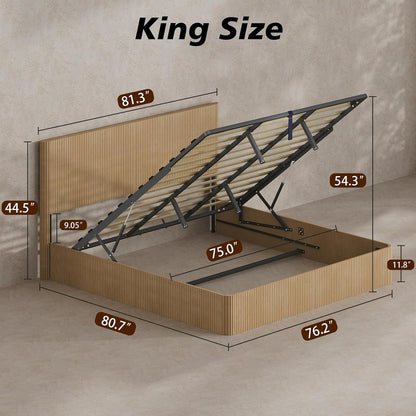 Fluted King Size Platform Bed Frame with Lift up Storage, Oak2