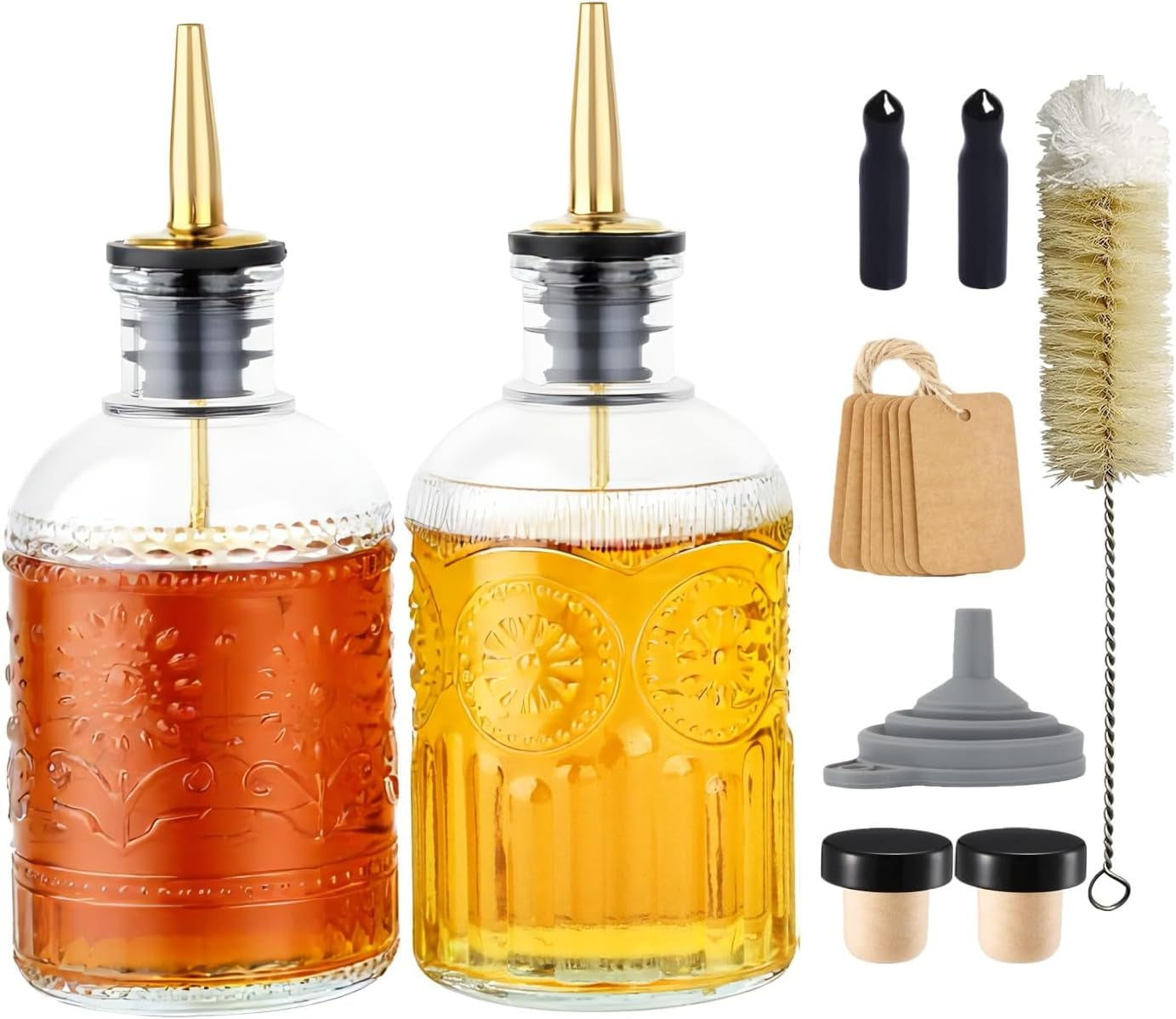 simple-syrup-bottles-set-of-2-glass-coffee-syrup-dispenser-bottles-7-oz-with-metal-pour-spout-labels-and-stopper-glass-syrup-dispenser-for-maple-honey-syrup-oil-and-sauces-lc002