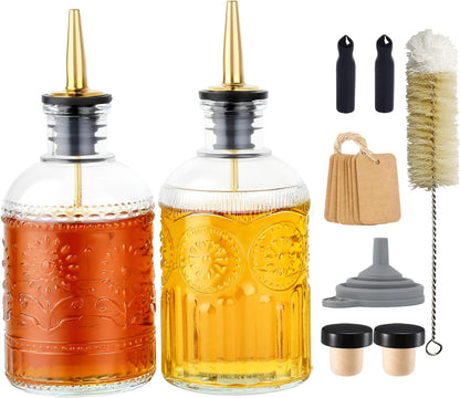 Simple Syrup Bottles Set of 2, Glass Coffee Syrup Dispenser Bottles 7 OZ with Metal Pour Spout, Labels and Stopper, Glass Syrup Dispenser for Maple Honey Syrup Oil and Sauces, LC0021
