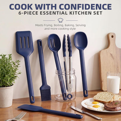 Kitchen Utensils Set 6 Pcs,Silicone Cooking Utensils Set Spatula Set,446℉ Heat Resistant Cooking Utensils,Tongs,Spoon,Bpa Free Kitchen Gadgets Appliances for Non-Stick Cookware,Home Essential(Blue-6P)4