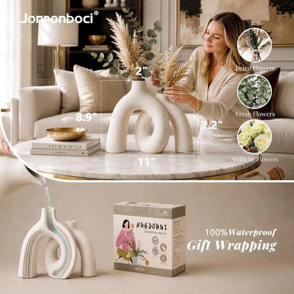 Hug Donut Decorative Vase Set - Modern Nordic Boho Style Vases Home Decor, Matte Ceramic Decorations for Living Room Shelf, Bookshelf Mantle Entryway Table or Console Décor (Cream White)4