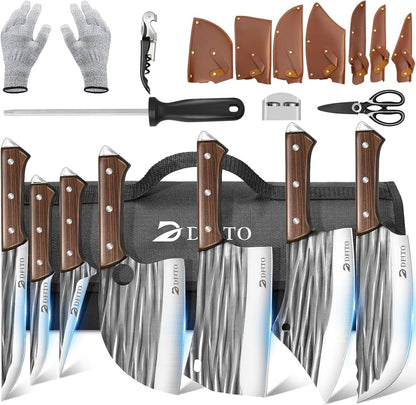 Butcher Knife Set, Sharp Kitchen Knife Set with Roll Bag Gift for Men | Hand Forged 14PCS Butcher Chef Knife Set with Bone Chopping Knives & Meat Cleaver Knife & Fillet Knives for Home, Camping BBQ1