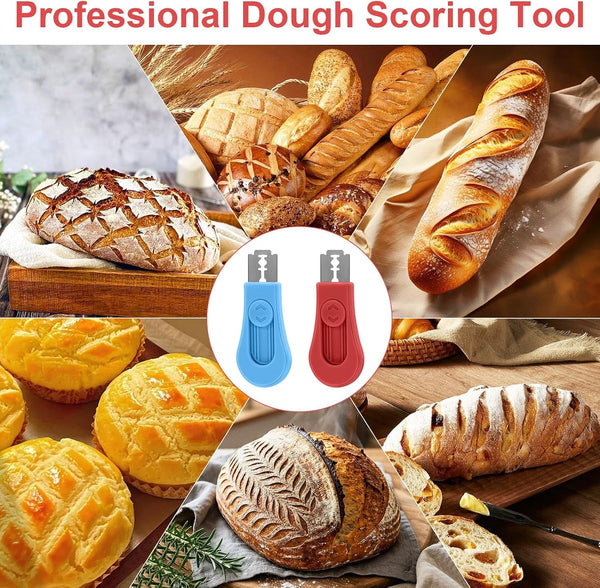 2 Pack Bread Lame Dough Scoring Tool Set, Professional Sourdough Scoring Tool & Bread Scorer with 10 Razor Blades, Finger Protectors Bread Razor for Artisan Baking Red/Blue7