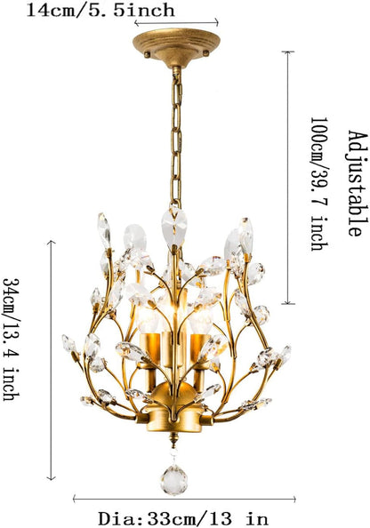 3-Light Crystal Chandelier, 13 Inch Gold Hanging Fixture6