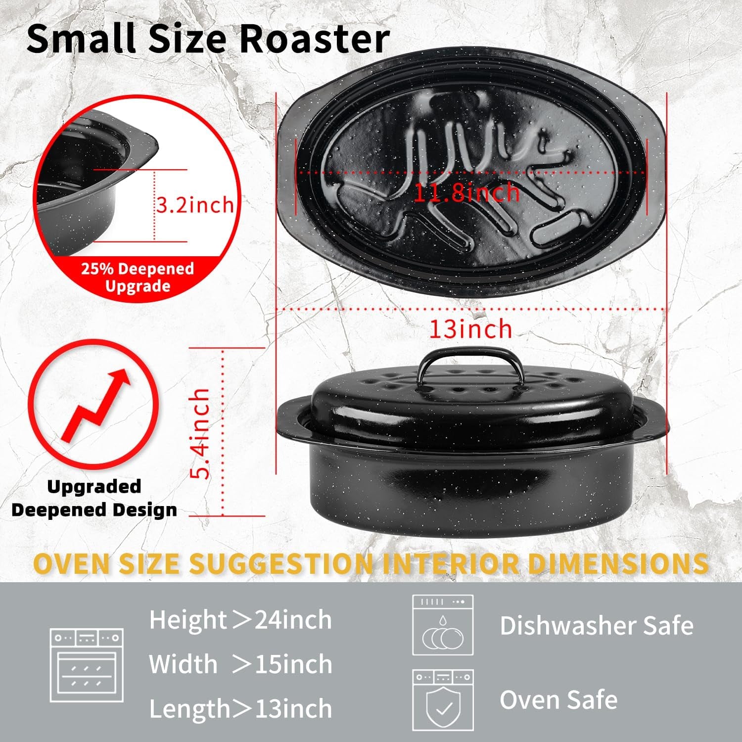 granite-roaster-pan-small-13-enameled-roasting-pan-with-domed-lid-oval-turkey-roaster-pot-broiler-pan-great-for-small-chicken-lamb-dishwasher-safe-cookware-fit-for-7lb-bird