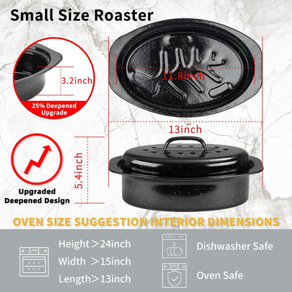 Granite Roaster Pan, Small 13” Enameled Roasting Pan with Domed Lid. Oval Turkey Roaster Pot, Broiler Pan Great for Small Chicken, Lamb. Dishwasher Safe Cookware Fit for 7Lb Bird3