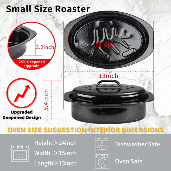 Granite Roaster Pan, Small 13” Enameled Roasting Pan with Domed Lid. Oval Turkey Roaster Pot, Broiler Pan Great for Small Chicken, Lamb. Dishwasher Safe Cookware Fit for 7Lb Bird3