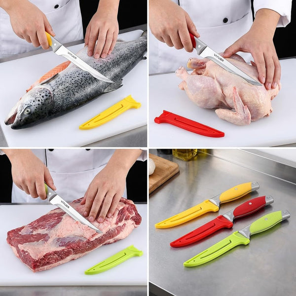 Boning Knife, 6PCS Fillet Knives (3PCS Filet Knives and 3PCS Knife Cover), 6 Inch Curved Boning Knife for Meat, Fish, Poultry, Cutting, Trimming, German Steel, PP Handle3