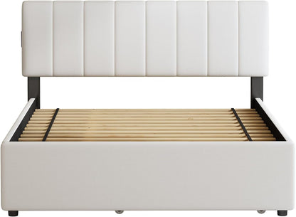 Queen Size Upholstered Platform Bed W/Trundle Bed & 2Storage Drawers11