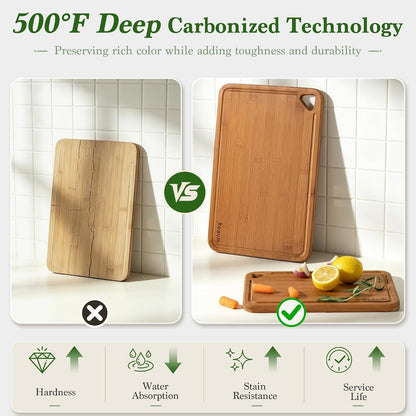 Bamboo Cutting Board 3-Piece Wooden Cutting Board for Kitchen | Deep-Carbonized Bamboo Set with Deep-Carbonized Finish & Non-Slip Edges, Sized for Meat/Veggie/Fruit Prep with Hanging Hole3