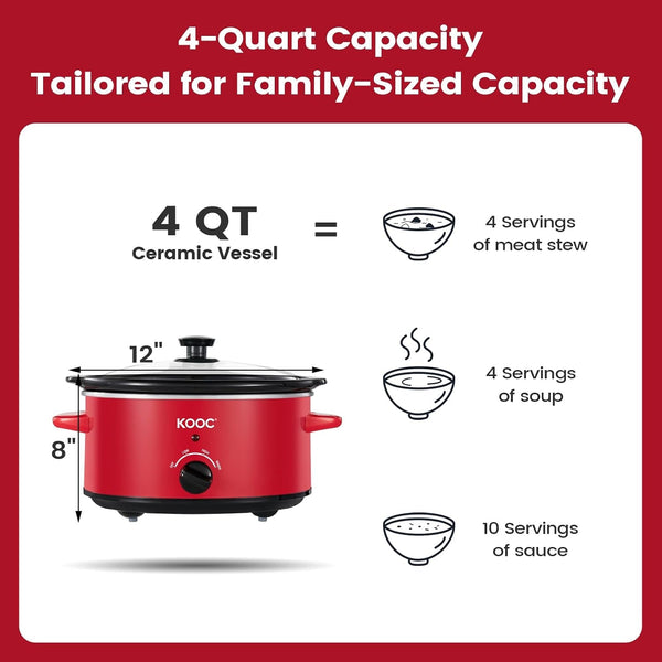 4-Quart Slow Cooker, 3 Cooking Settings, Dishwasher Safe Ceramic Crock, Lid, Free Pot Liners Included, RED, Ellipse Pot4
