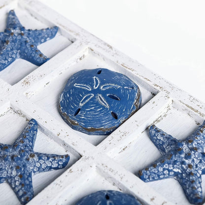 Beach Decor Tic Tac Toe 5 Sand Dollars & 5 Starfish Pieces Wood Board Travel Game for Coastal House Coffee Table Decor, Blue7