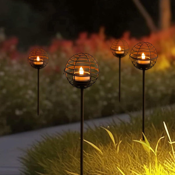 Solar Pathway Lights Outdoor, Rust Iron Ball Candle Holder Stake with Flickering Solar Powered Tea Lights, Perfect Decorative Garden Lighting for Yard Lawn Patio Landscape Decor Outside-4Pack1