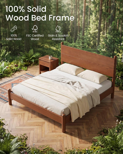 Solid Wood Queen Size Bed Frame with Tall Headboard, Brown7