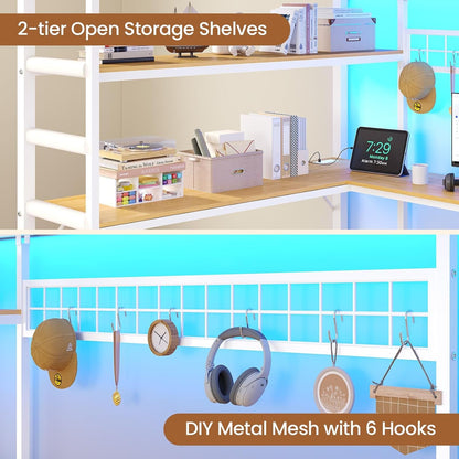 Loft Bed Full Size with U-Shaped Desk,7 Storage Drawers and Charging Station,Metal Full Loft Bed with Led Lights and 2-Tier Storage Shelves,Loft Full Bed with Safety Guardrail and Ladders,White9