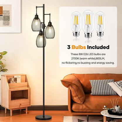 Dimmable Floor Lamp, 3 X 800LM LED Edison Bulbs Included, Farmhouse Industrial Floor Lamp Standing Tree Lamp with Elegant Teardrop Cage Tall Lamps for Living Room Bedroom Office Dining Room-Black4