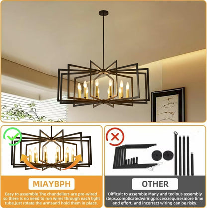 Black Chandelier for Dining Room,12-Light Large Dining Room Light Fixture Modern Geometric Metal Hanging Industrial Chandeliers for Entryway Kitchen Island Foyer Farmhouse Chandeliers (Black Gold)4