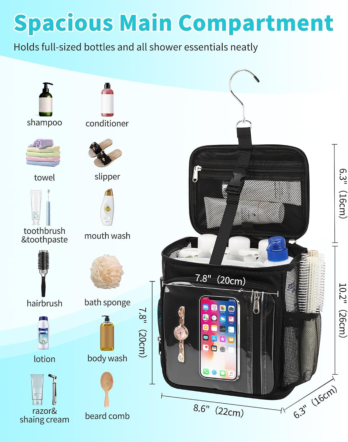 hanging-shower-caddy-portable-bag-quick-dry-shower-tote-for-dorm-college-essentials-water-resistant-travel-toiletry-bag-with-separate-compartment-multiple-pockets-black-m