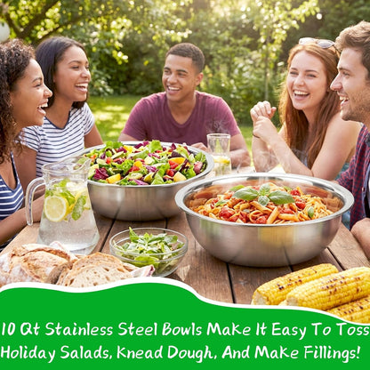 3 Pack 10 Quart Large Mixing Bowl, Stainless Steel Oversized Salad Bowls, All-Purpose Metal Serving Basin for Home Commercial Prepping Baking Marinating Cooking Brining Mixing6