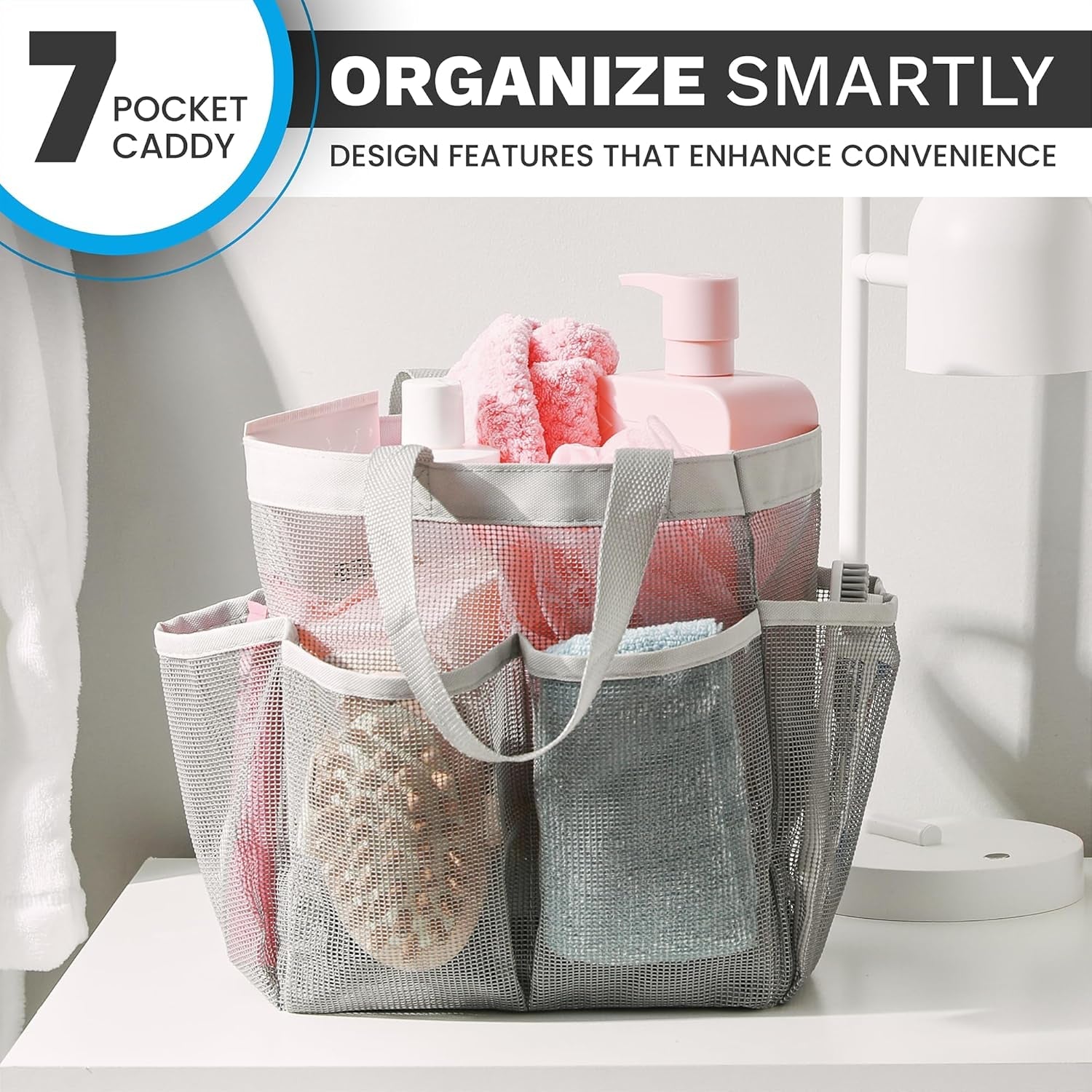 mesh-shower-caddy-7-pocket-portable-organizer-tote-for-college-dorm-gym-travel-bathroom-quick-dry-collapsible-lightweight-shower-bag-with-handle-gray