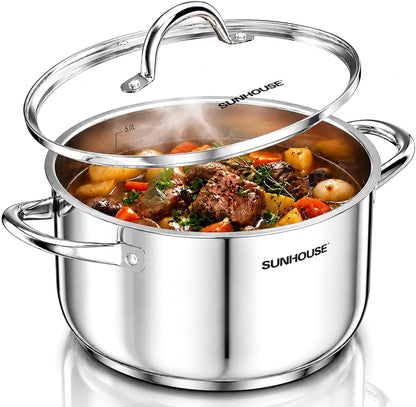 : Stainless Steel Stock Pot - 7 Quart - Tempered Glass Lid, 3-Ply Bottom, Soup-Pasta-Food, Boil-Simmer, All Cooktops, Dishwasher & Oven Safe | Impact-Bonded Base Big Stainless Steel Pots for Canning, Boiling, Spaghetti - Oven Safe & Induction Compatible3