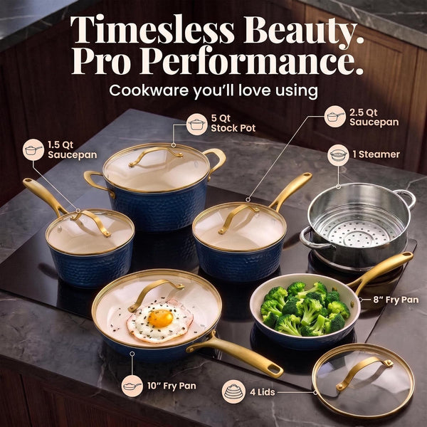 Hammered 10 Pc Pots and Pans Set Non Stick Ceramic Cookware | Heavy Duty 3.0MM Gauge, Non Toxic PFOA/PTFE/PFOS Free Ceramic & Titanium, Induction Compatible, Oven & Dishwasher Safe3