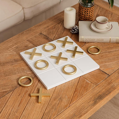 12X12 Inch Tic Tac Toe Wood Game Board Classic Coffee Table Decor Modern Wooden Travel Game for Family, White & Gold4