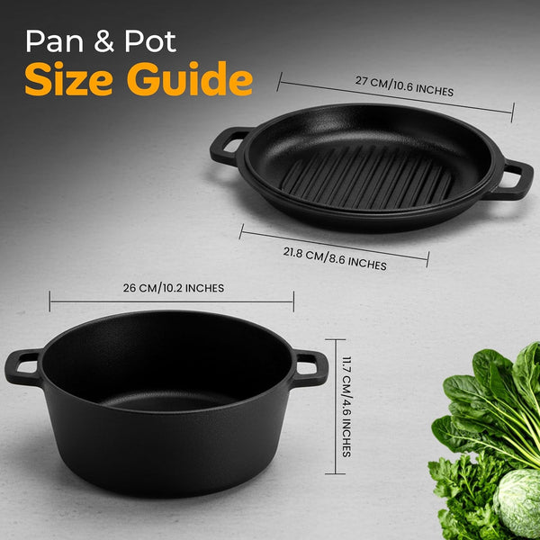 Cast Iron Dutch Oven 5 QT with Skillet Lid Pre-Seasoned Pfas-Free | Dual Purpose Skillet Lid, Griddle Pan Included, Bread Baking, Roasting, Grilling, Camping Use, Heavy Duty2