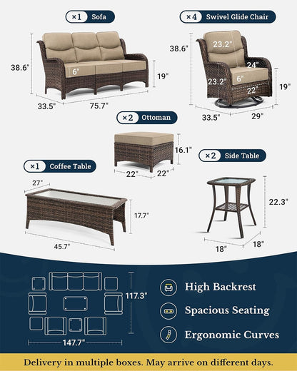 10-Piece Luxury Patio Furniture Set with 6" Thick Cushions, Weather-Resistant Wicker High Back Swivel Rocker Chairs, Senior-Friendly Outdoor Sofa Set for Large Deck, Yard and Poolside,Beige(V2)2