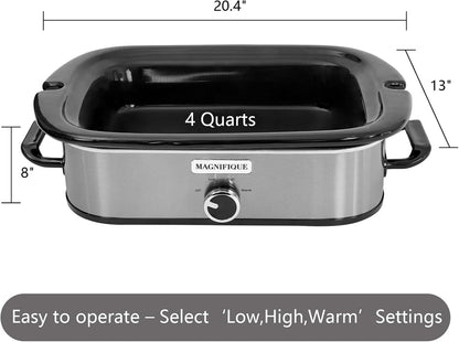 4-Quart Slow Cooker with Casserole Manual Warm Setting - Perfect Kitchen Small Appliance for Family Dinners, Dishwasher Safe Crock, Stainless Steel4