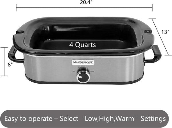 4-Quart Slow Cooker with Casserole Manual Warm Setting - Perfect Kitchen Small Appliance for Family Dinners, Dishwasher Safe Crock, Stainless Steel4