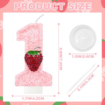 Strawberry-Shaped Berry Candles, Pink Number Candles, and Glittery Strawberry Cake Decorations, Perfect for Birthday and Anniversary Celebrations. (Number 1)2