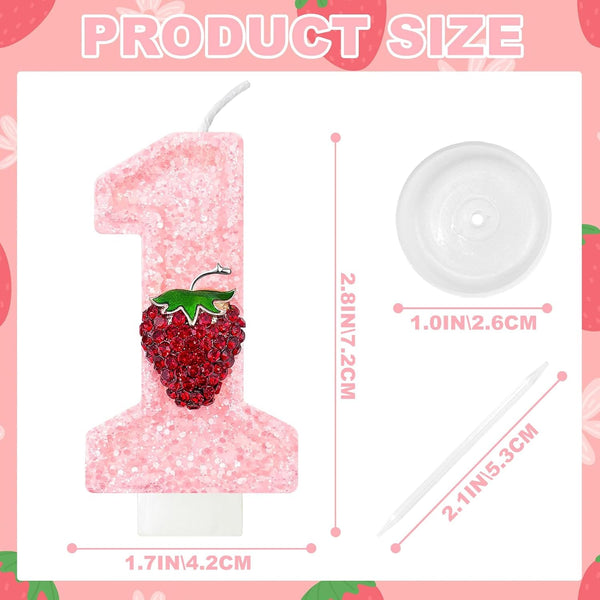 Strawberry-Shaped Berry Candles, Pink Number Candles, and Glittery Strawberry Cake Decorations, Perfect for Birthday and Anniversary Celebrations. (Number 1)2